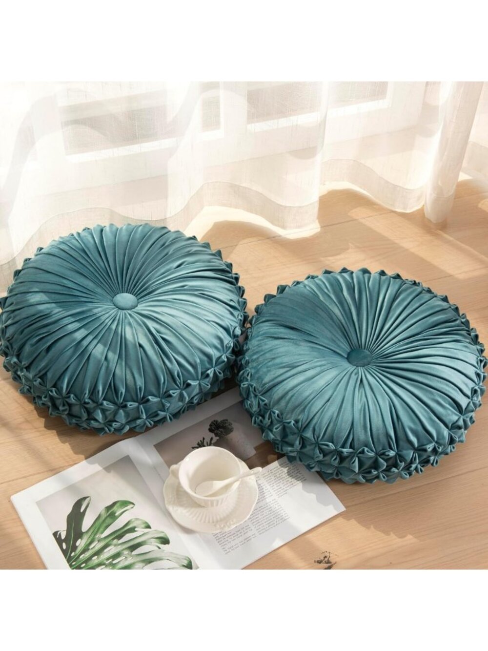 Set of 2 Round Velvet Throw Pillows – Soft Ruched Pumpkin Cushions for Couch